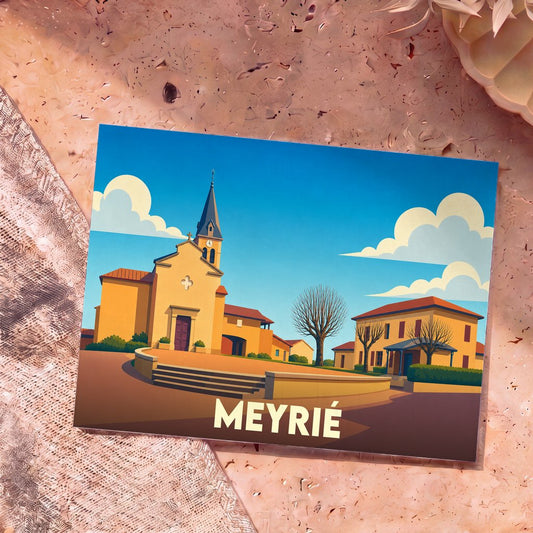 Carte postale souvenir de la ville de Meyrié avec une illustration stylisée de son église et de sa place.