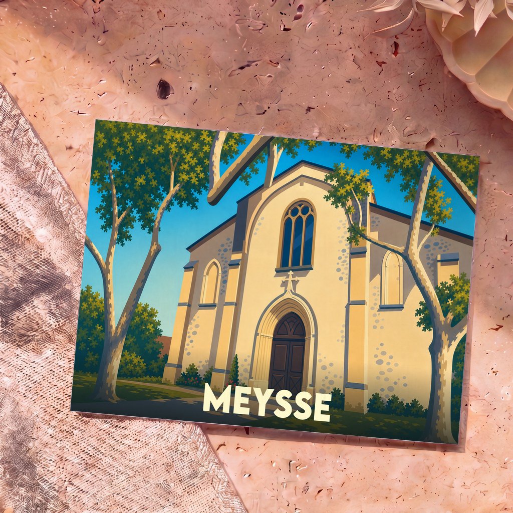 Carte postale souvenir de la ville de Meysse illustrant son église entourée d'arbres dans un style graphique épuré.