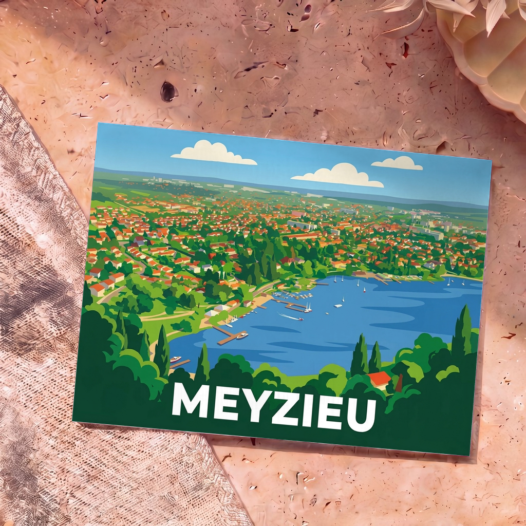 Carte postale souvenir de la ville de Meyzieu avec une illustration stylisée vue du ciel.