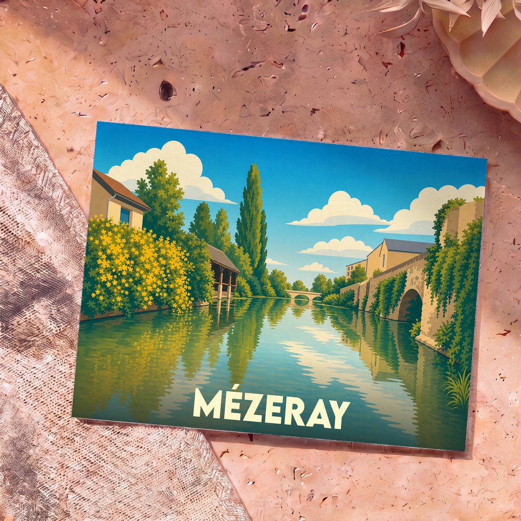 Carte postale souvenir de la ville de Mézeray avec une illustration stylisée d'un canal paisible bordé de verdure.