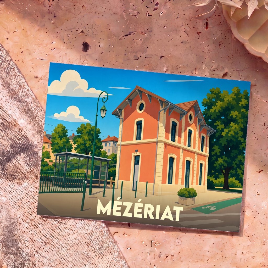 Carte postale souvenir de la ville de Mézériat avec une illustration stylisée de sa gare.