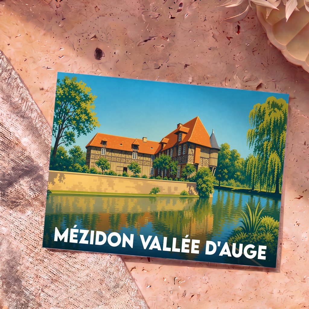 Carte postale souvenir de la ville de Mézidon Vallée d'Auge illustrant un manoir à colombages au bord de l'eau.