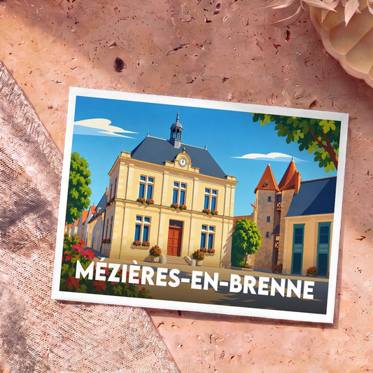 Carte postale souvenir de la ville de Mézières-en-Brenne avec une illustration colorée de la mairie et de son horloge.