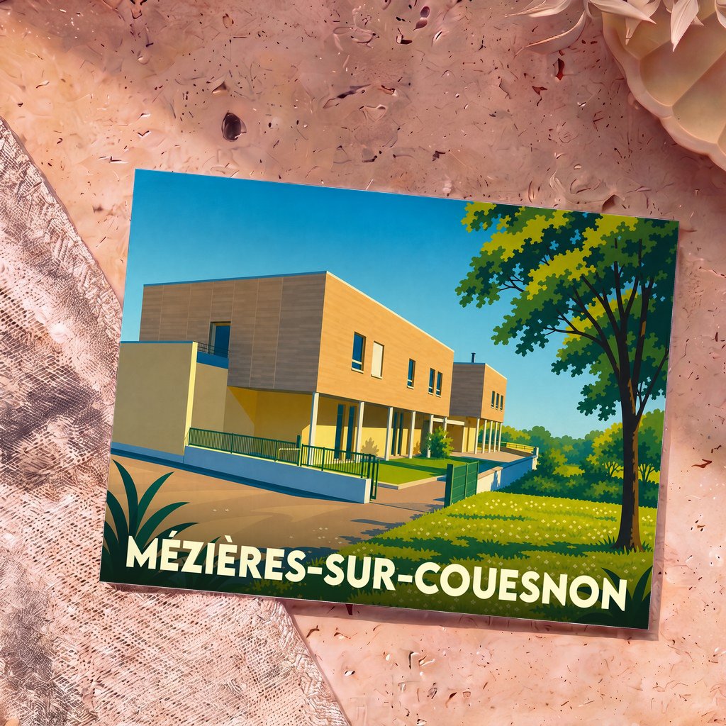 Carte postale souvenir de la ville de Mézières-sur-Couesnon avec une illustration stylisée de son architecture moderne.