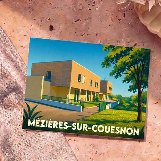 Carte postale souvenir de la ville de Mézières-sur-Couesnon avec une illustration stylisée de son architecture moderne.