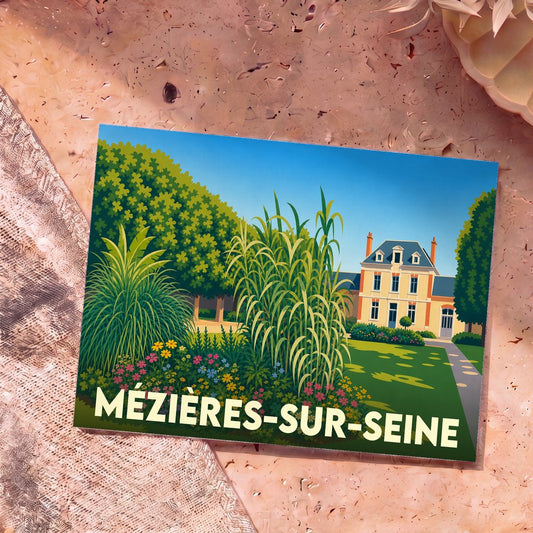 Carte postale souvenir de la ville de Mézières-sur-Seine avec une illustration stylisée d'une maison de maître et de son jardin.