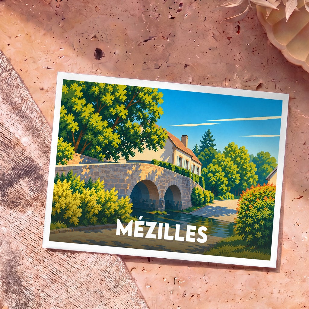 Carte postale souvenir de la ville de Mézilles avec une illustration stylisée d'un pont en pierre sur une rivière.