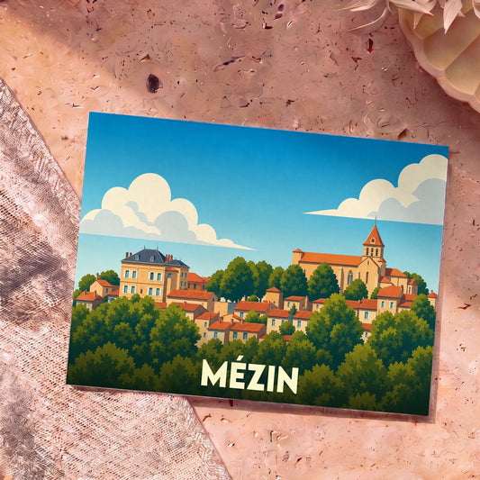 Carte postale souvenir de la ville de Mézin avec une illustration stylisée et colorée du village.