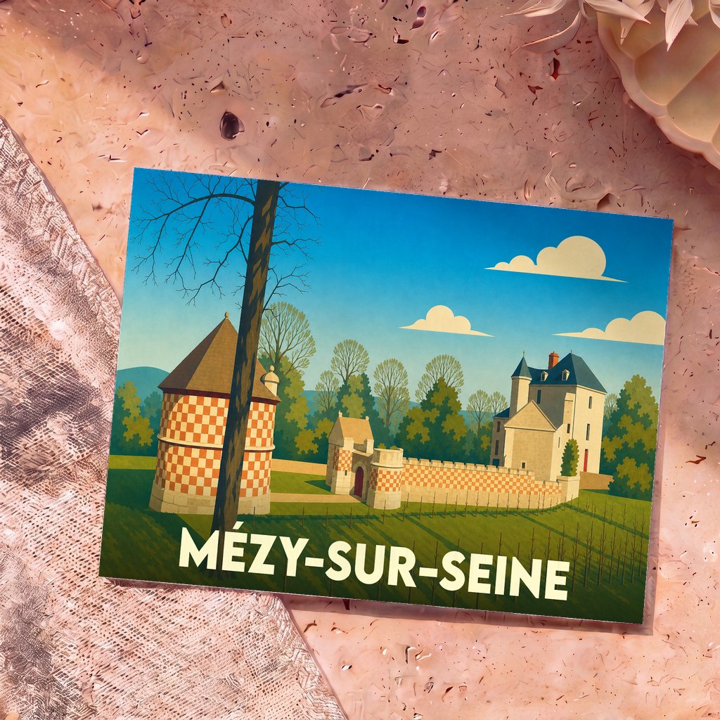 Carte postale souvenir de la ville de Mézy-sur-Seine avec une illustration stylisée de ses monuments historiques.