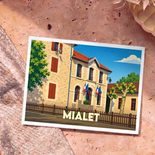 Carte postale souvenir de la ville de Mialet avec une illustration stylisée de sa mairie.