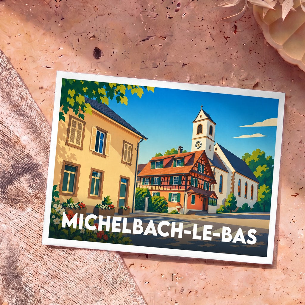 Carte postale souvenir de la ville de Michelbach-le-Bas avec une illustration stylisée et colorée.
