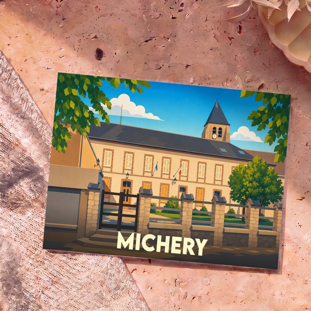 Carte postale souvenir de la ville de Michery avec une illustration stylisée de sa mairie.