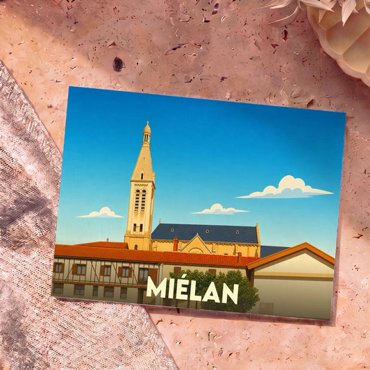 Carte postale souvenir de la ville de Miélan avec une illustration stylisée de son église et de ses maisons à colombages.
