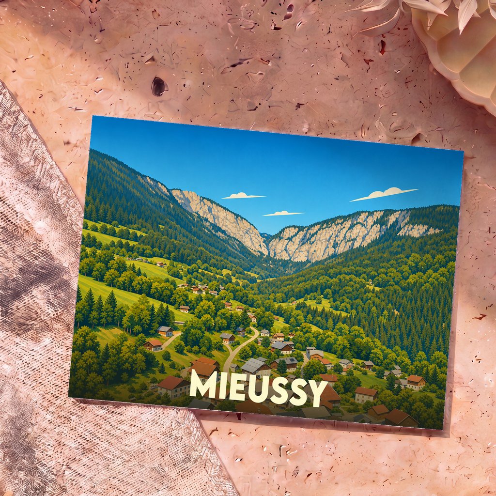 Carte postale souvenir de la ville de Mieussy avec une illustration stylisée d'un village de montagne niché dans une vallée verdoyante.