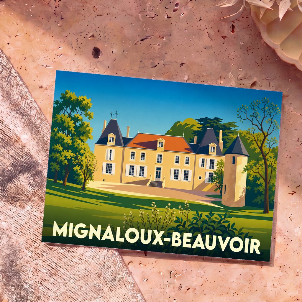 Carte postale souvenir de la ville de Mignaloux-Beauvoir avec une illustration stylisée d'un château.