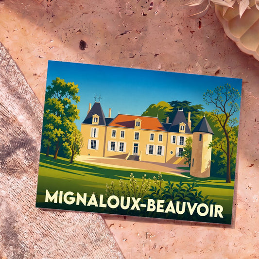 Carte postale souvenir de la ville de Mignaloux-Beauvoir avec une illustration stylisée d'un château.