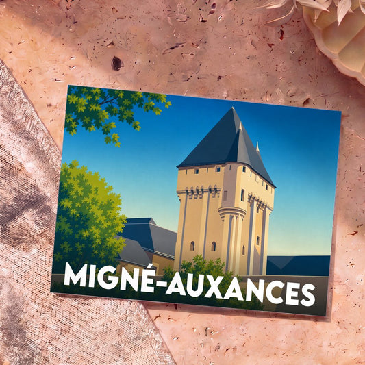 Carte postale souvenir de la ville de Migné-Auxances avec une illustration stylisée de son donjon.