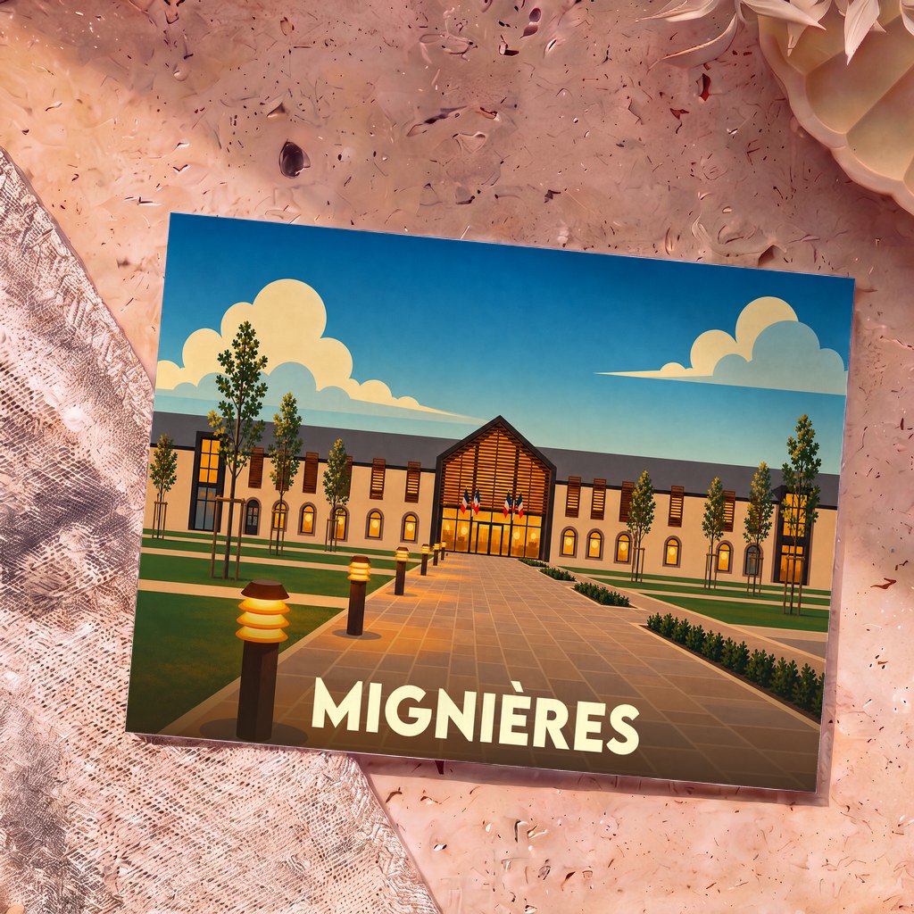 Carte postale souvenir de la ville de Mignières avec une illustration stylisée de sa mairie.