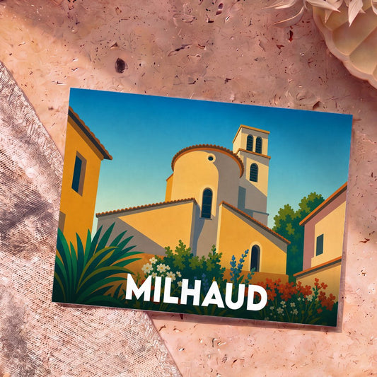 Carte postale souvenir de la ville de Milhaud arborant une illustration stylisée de son église sous un ciel bleu.