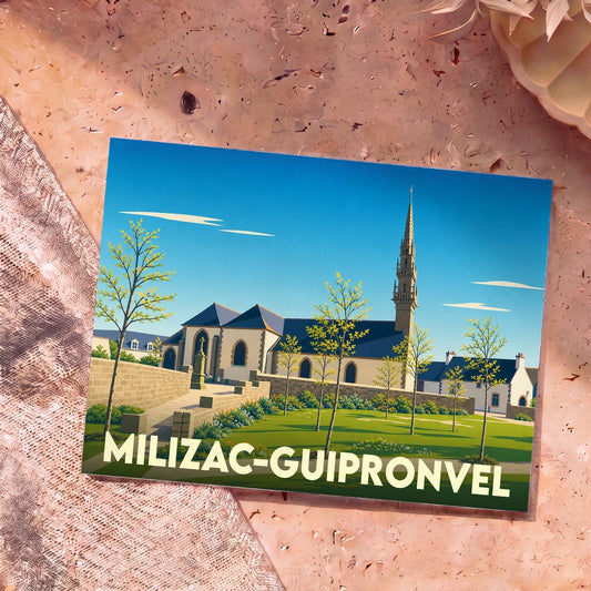 Carte postale souvenir de la ville de Milizac-Guipronvel avec une illustration stylisée de son église et de son clocher.