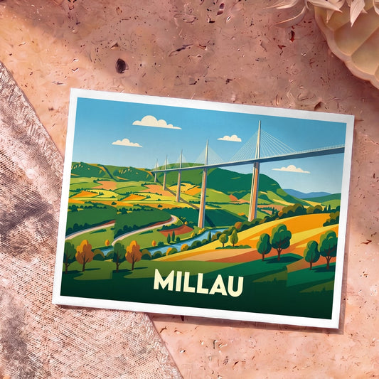 Carte postale souvenir de la ville de Millau illustrant son célèbre viaduc dans un style graphique coloré.