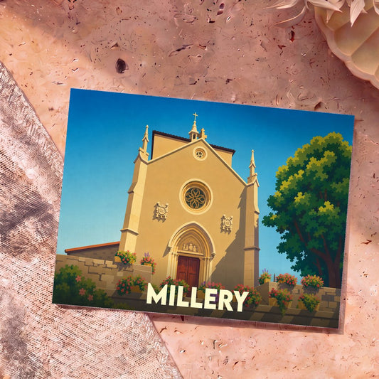 Carte postale souvenir de la ville de Millery avec une illustration stylisée de son église sous un ciel bleu.