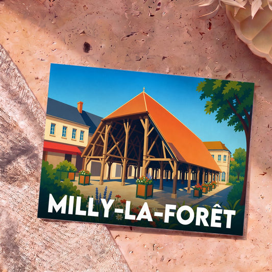 Carte postale souvenir de Milly-la-Forêt illustrant sa halle historique dans un style graphique épuré.