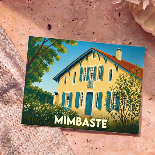 Carte postale souvenir de la ville de Mimbaste avec une illustration stylisée d'une maison landaise.