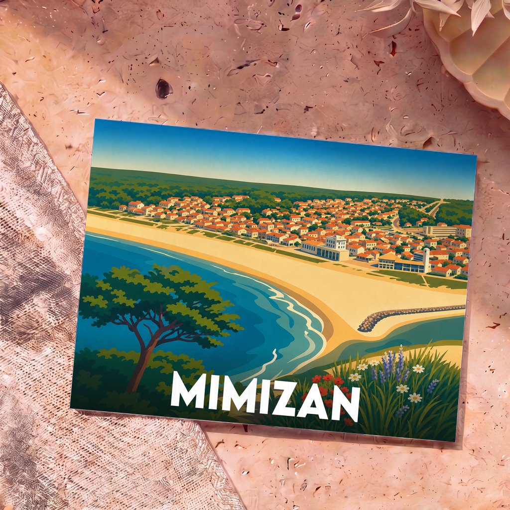 Carte postale souvenir de la ville de Mimizan avec une illustration stylisée de sa côte et de ses toits rouges.