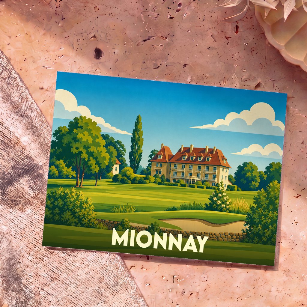 Carte postale souvenir de la ville de Mionnay avec une illustration stylisée d'un domaine et de son jardin.