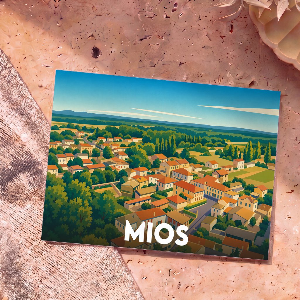 Carte postale souvenir de la ville de Mios avec une illustration stylisée vue du ciel.