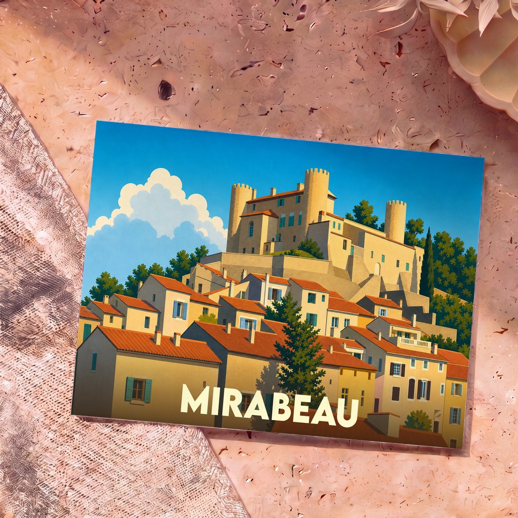 Carte postale souvenir de la ville de Mirabeau arborant une illustration stylisée de son château et de ses maisons provençales.