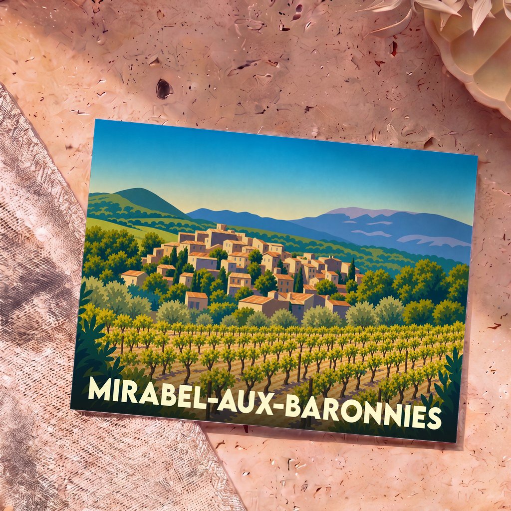 Carte postale souvenir de la ville de Mirabel-aux-Baronnies avec une illustration stylisée d'un village provençal et son vignoble.