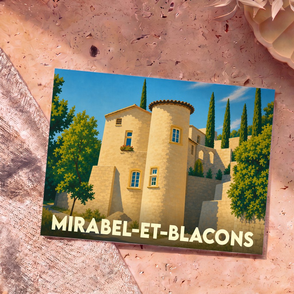 Carte postale souvenir de la ville de Mirabel-et-Blacons avec une illustration stylisée d'un château provençal sous un ciel bleu.