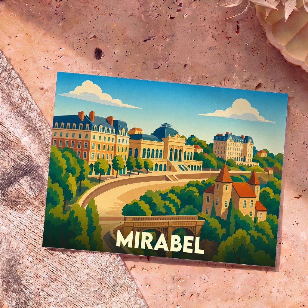 Carte postale souvenir de la ville de Mirabel avec une illustration stylisée et colorée de ses monuments.