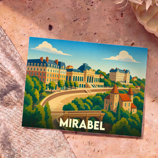 Carte postale souvenir de la ville de Mirabel avec une illustration stylisée et colorée de ses monuments.