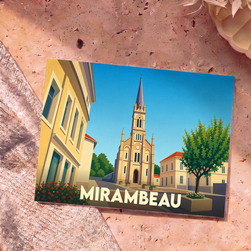 Carte postale souvenir de la ville de Mirambeau avec une illustration stylisée de son église et de ses bâtiments ensoleillés.