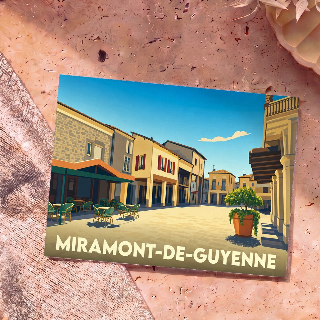 Carte postale souvenir de la ville de Miramont-de-Guyenne avec une illustration stylisée de sa place centrale.