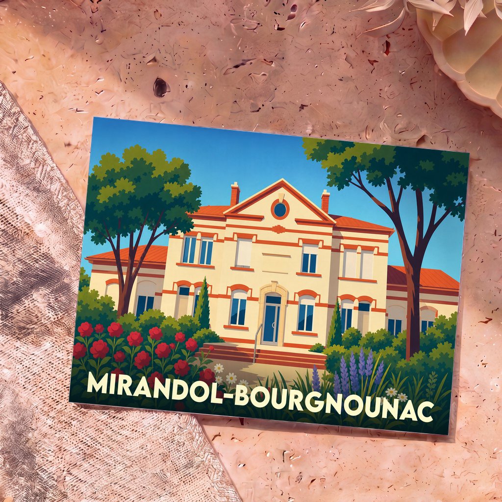 Carte postale souvenir de la ville de Mirandol-Bourgnounac avec une illustration stylisée d'un bâtiment remarquable entouré de fleurs.