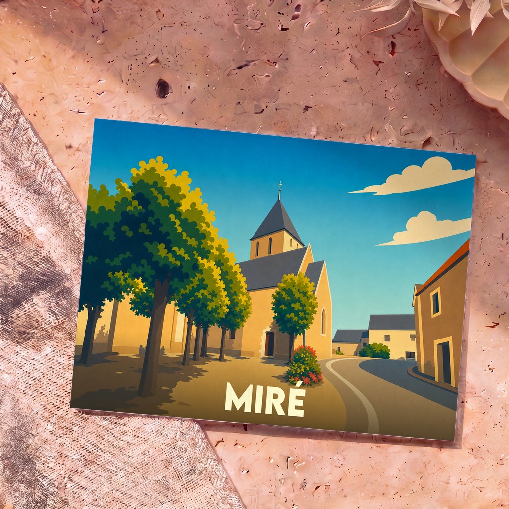 Carte postale souvenir de la ville de Miré avec une illustration stylisée de son église et de ses rues.