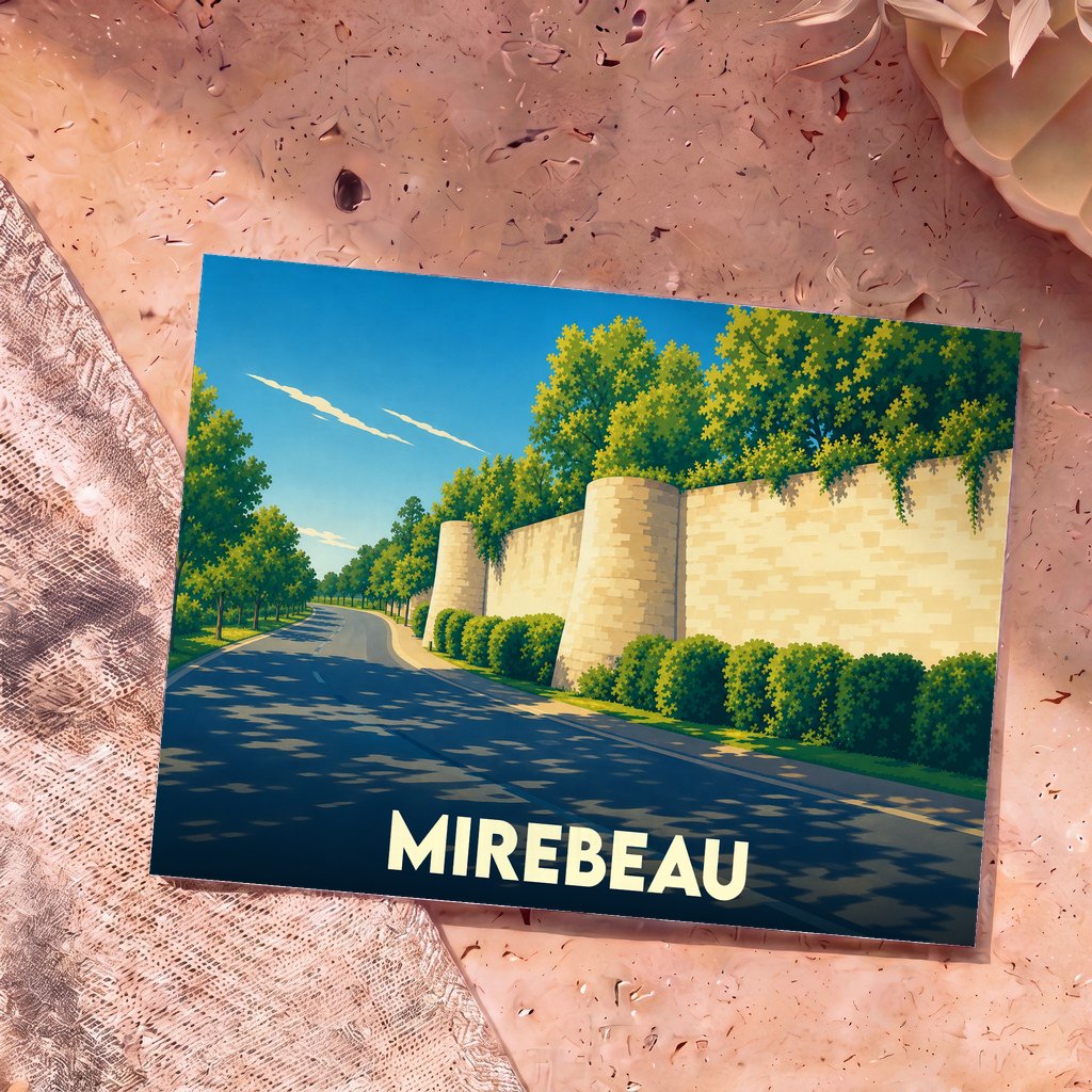 Carte postale souvenir de la ville de Mirebeau illustrant ses remparts historiques dans un style graphique épuré.