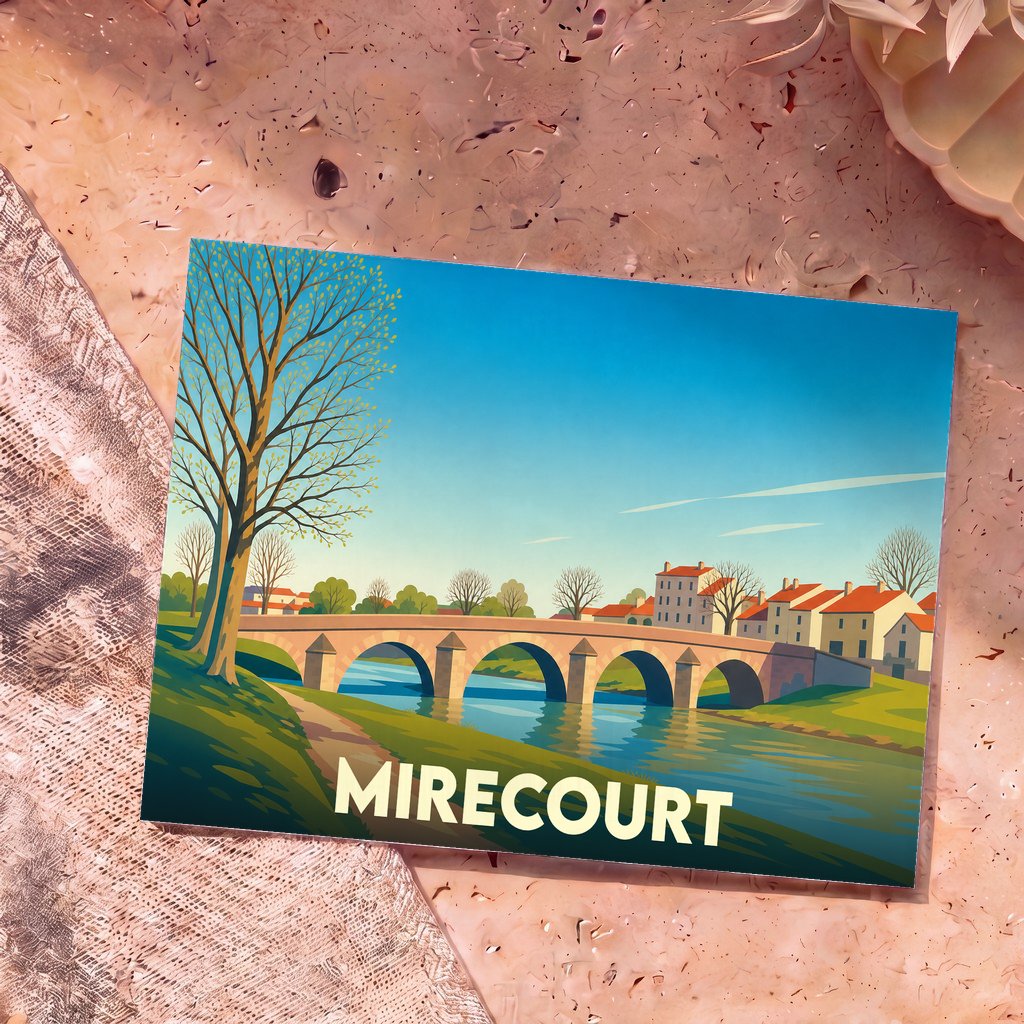 Carte postale souvenir de la ville de Mirecourt illustrant un pont en pierre enjambant une rivière dans un style graphique épuré.