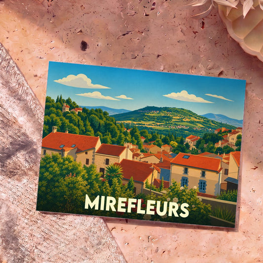 Carte postale souvenir de la ville de Mirefleurs avec une illustration stylisée de ses paysages et habitations.