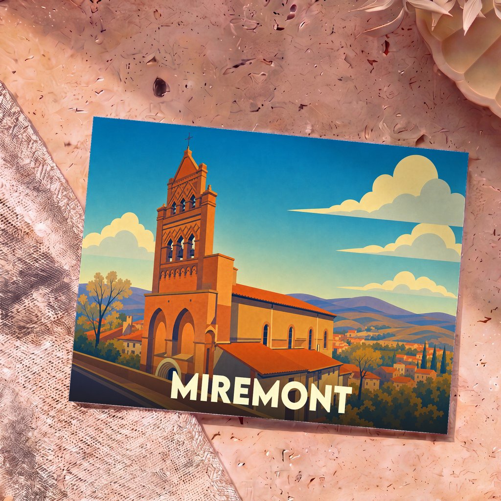 Carte postale souvenir de la ville de Miremont illustrant son église dans un style graphique épuré.