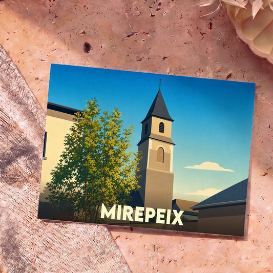 Carte postale souvenir de la ville de Mirepeix avec une illustration stylisée de son église sous un ciel bleu.