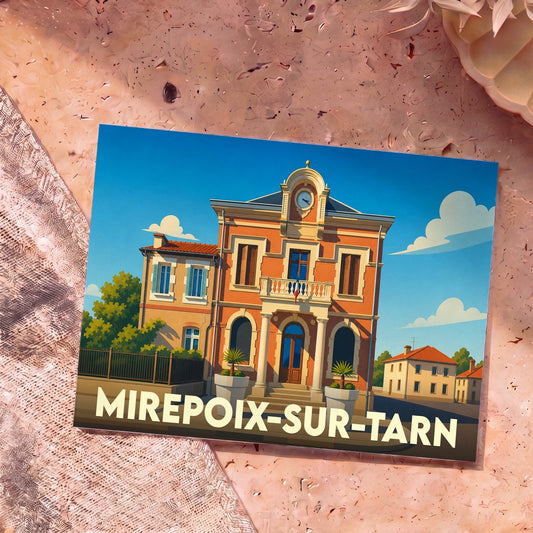 Carte postale souvenir de la ville de Mirepoix-sur-Tarn avec une illustration stylisée de sa mairie.