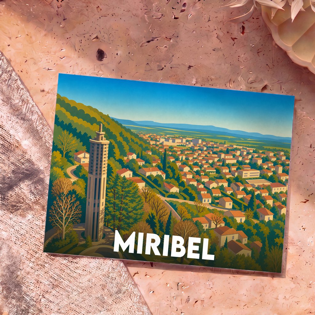 Carte postale souvenir de la ville de Miribel arborant une illustration stylisée et colorée de son paysage urbain.