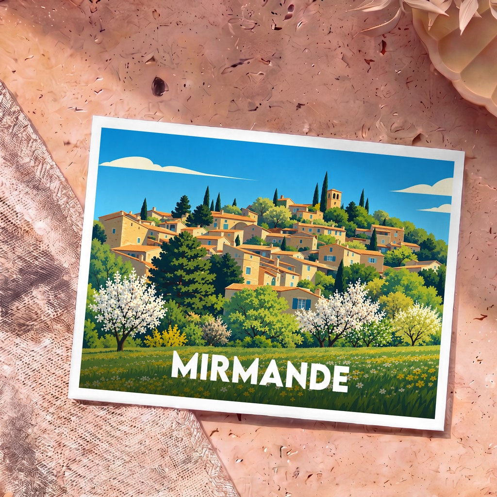 Carte postale souvenir de la ville de Mirmande avec une illustration stylisée de ses maisons en pierre et sa végétation.