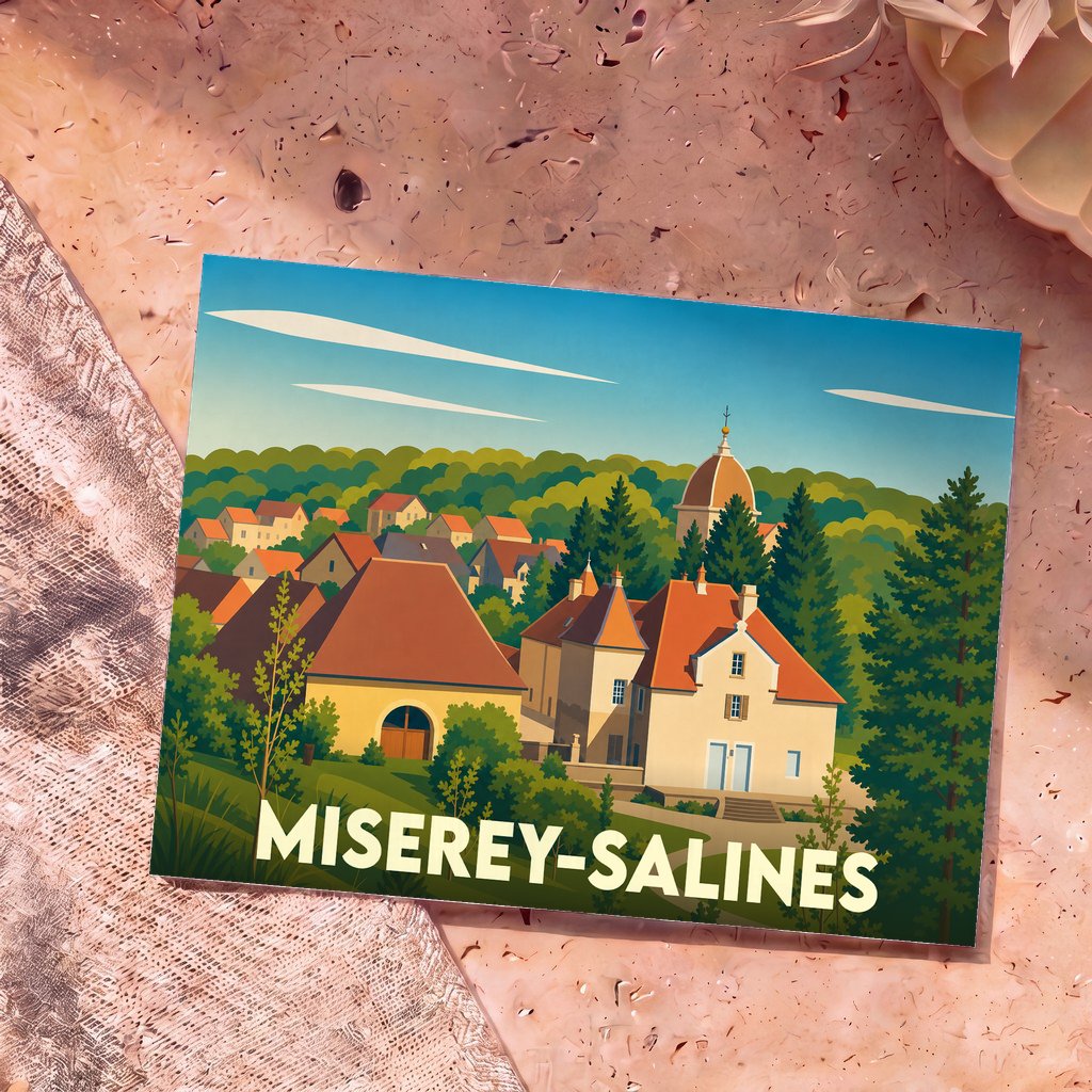 Carte postale souvenir de la ville de Miserey-Salines avec une illustration stylisée de ses maisons et de son église.