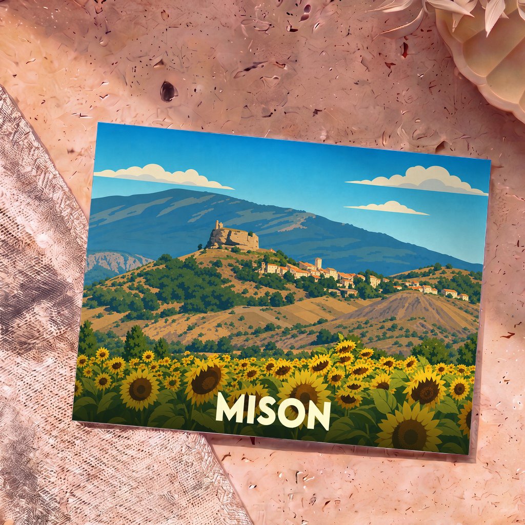 Carte postale souvenir de la ville de Mison avec une illustration stylisée de son château et d'un champ de tournesols.